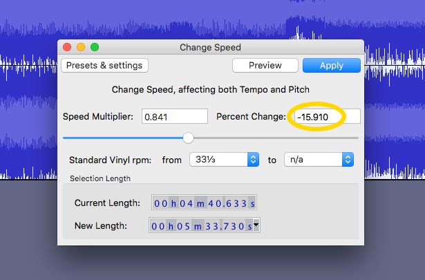 Paste the percent change corresponding to the pitch you want, to the speed change