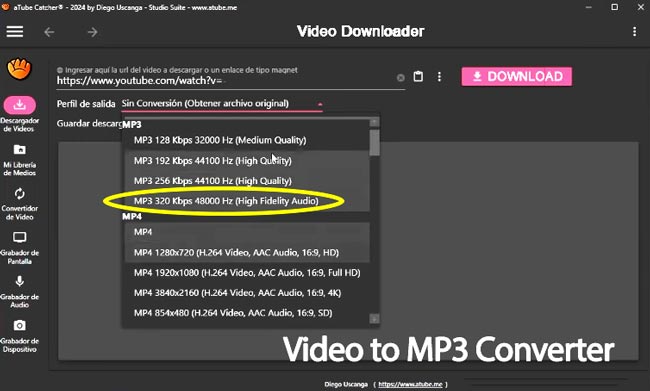 Screenshot of the video to MP3 converter aTube Catcher