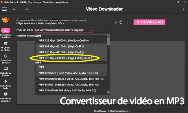 Capture d'écran du convertisseur de vidéo en MP3 aTube Catcher