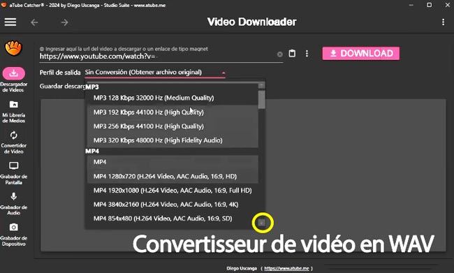 Capture d'écran du convertisseur vidéo en WAV aTube Catcher