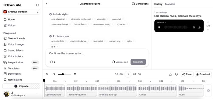 Eleven Labs Music - outil de génération musicale par IA - Capture d’écran