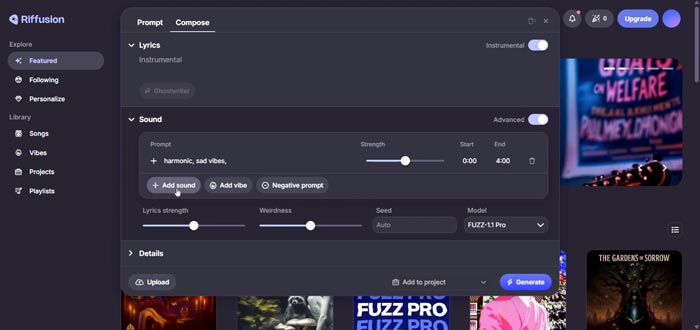 Riffusion, plateforme IA pour générer de la musique - Capture d'écran