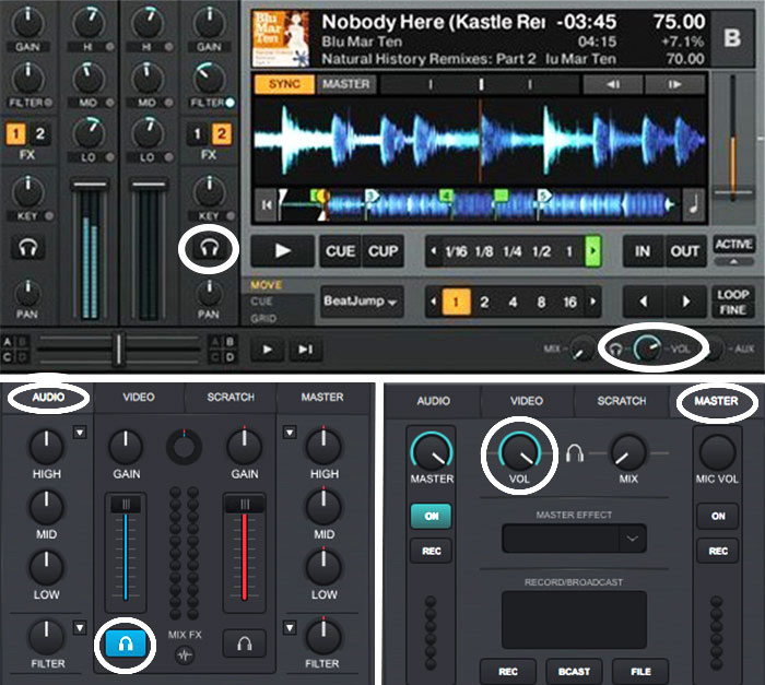 Controlli per la pre-ascolto del software DJ (Virtual DJ, Traktor)