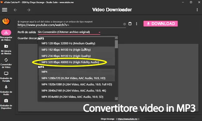 Screenshot del convertitore video in MP3 aTube Catcher