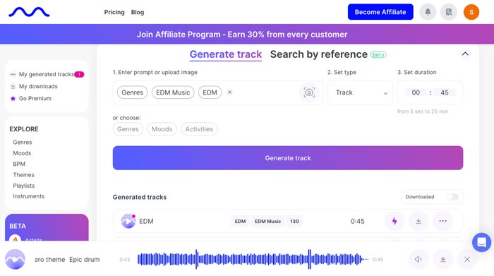 Screenshot di Mubert che genera musica con intelligenza artificiale