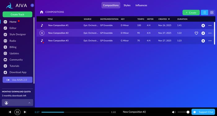 AIVA - Plataforma para criar música com IA - Captura de tela