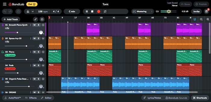 BandLab - DAW online e plataforma em nuvem para produzir música e editar áudio - Captura de tela