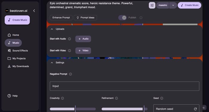 Beatoven - plataforma para generar música con inteligencia artificial y efectos de sonido - Captura de pantalla