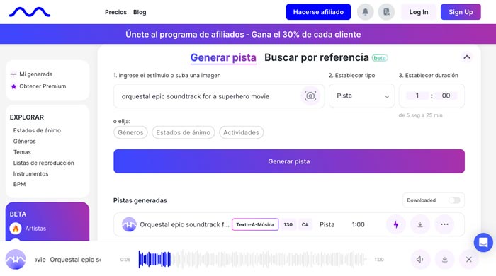 Captura de pantalla de Mubert generando música mediante inteligencia artificial