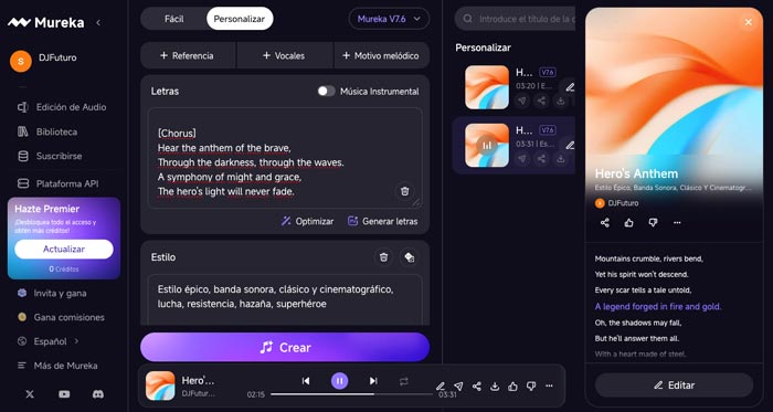 Mureka - plataforma de inteligencia artificial para generar música completa y voces - Captura de pantalla